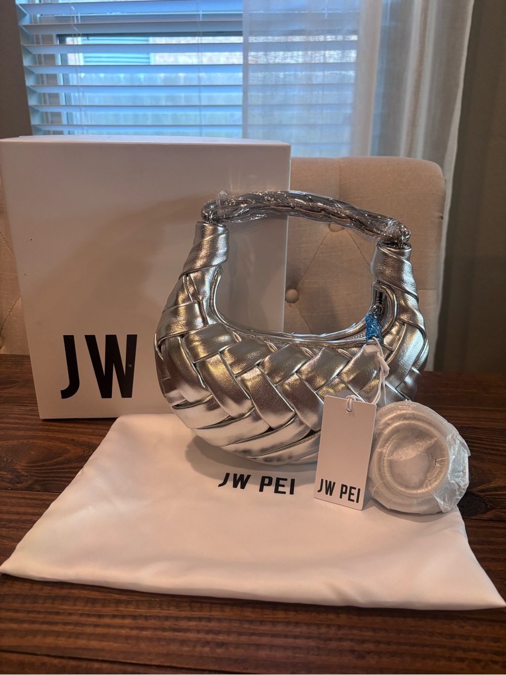 NWT JW PEI Orla Silver Metallic Woven Shoulder Bag w/ Dust Bag & Box